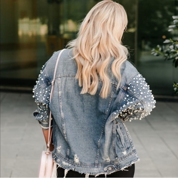 NEW Sunset & Spring Distressed Jean Jacket Oversized Pearl Embellished Denim XS - Picture 13 of 16